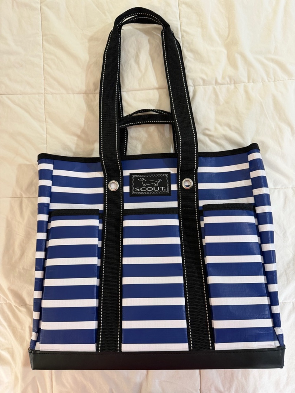 Scout Blue & White Striped Tote with Black Trim